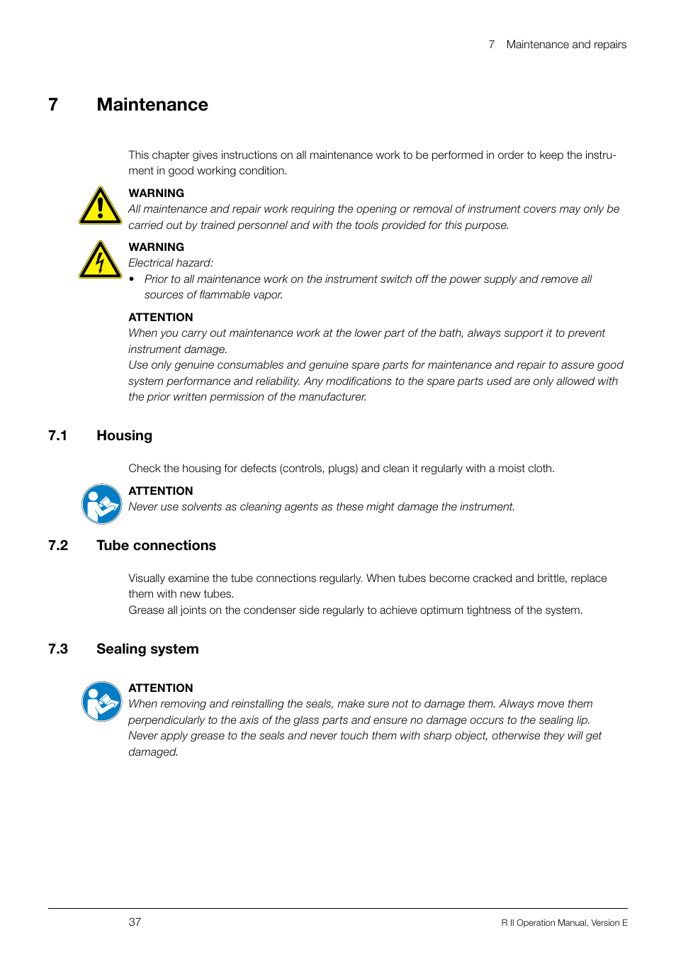 7 maintenance, 1 housing, 2 tube connections | 3 sealing system, 1 housing 7.2, Tube connections, Sealing system, 7maintenance | BUCHI Rotavapo R II User Manual | Page 37 / 58