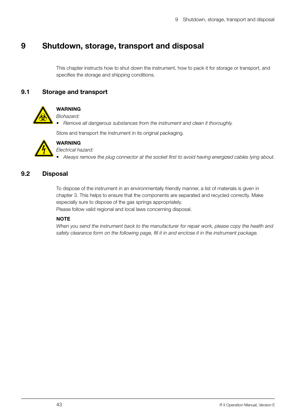 9 shutdown, storage, transport and disposal, 1 storage and transport, 2 disposal | Shutdown, storage, transport and disposal 9.1, Storage and transport, 9shutdown, storage, transport and disposal | BUCHI Rotavapo R II User Manual | Page 43 / 58