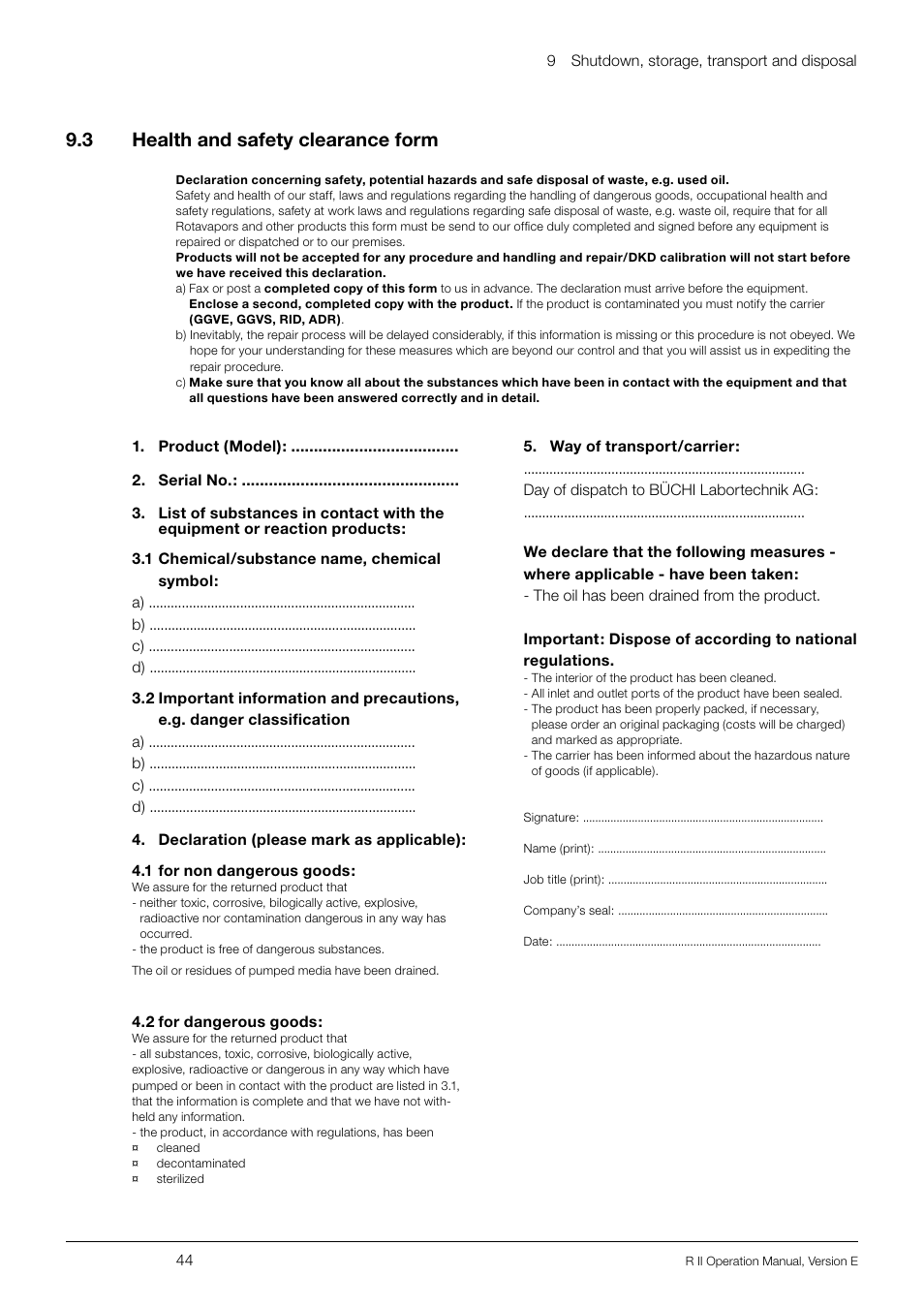 3 health and safety clearance form, Health and safety clearance form, 9 .3 health and safety clearance form | BUCHI Rotavapo R II User Manual | Page 44 / 58