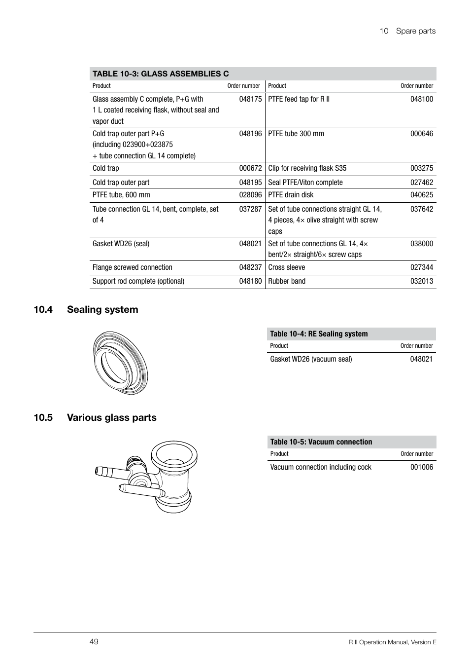 4 sealing system, 5 various glass parts, 4 sealing system 10.5 various glass parts | 10 .4 sealing system, 10 .5 various glass parts | BUCHI Rotavapo R II User Manual | Page 49 / 58