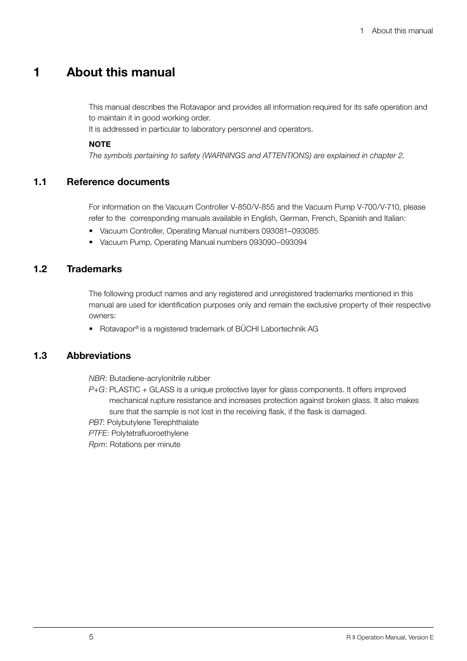 1 about this manual, 1 reference documents, 2 trademarks | 3 abbreviations, About this manual 1.1, Reference documents, 2 trademarks 1.3 abbreviations, 1about this manual | BUCHI Rotavapo R II User Manual | Page 5 / 58