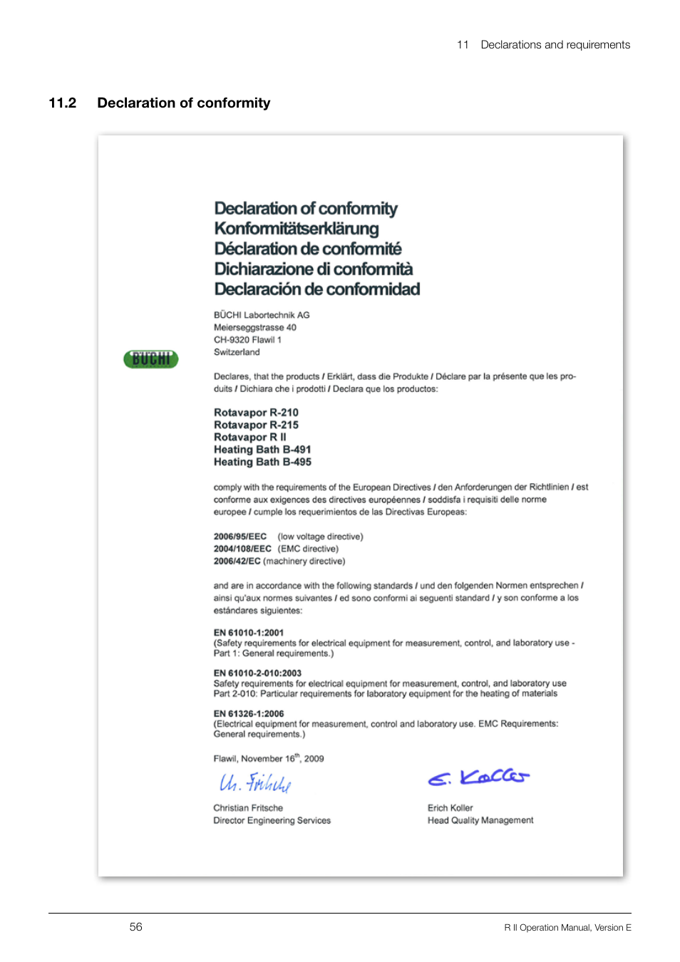 2 declaration of conformity, 11 .2 declaration of conformity | BUCHI Rotavapo R II User Manual | Page 56 / 58