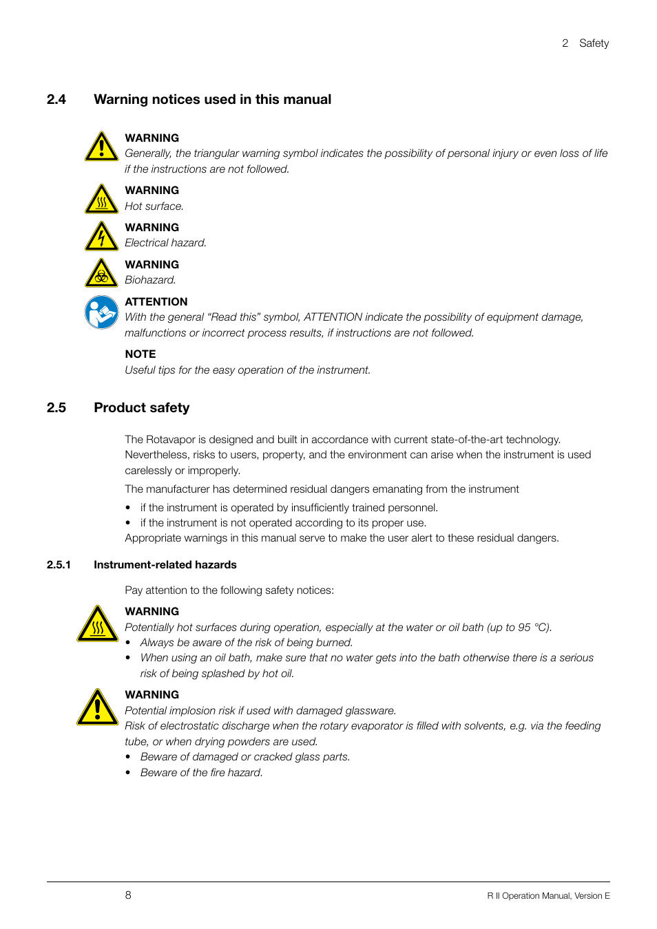 4 warning notices used in this manual, 5 product safety, 1 instrument-related hazards | Warning notices used in this manual, Product safety | BUCHI Rotavapo R II User Manual | Page 8 / 58