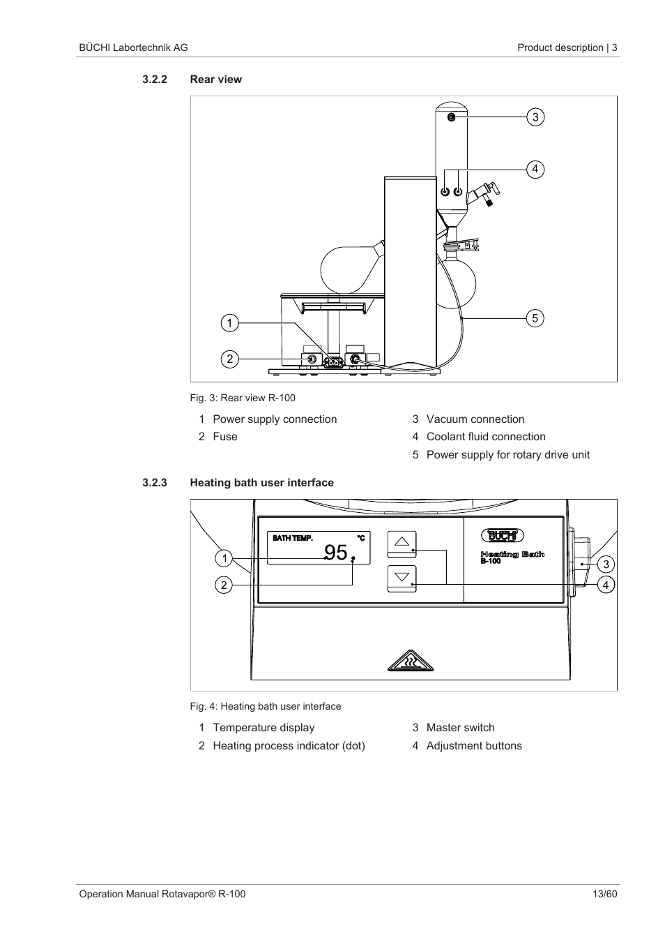 2 rear view, 3 heating bath user interface | BUCHI Rotavapo R-100 User Manual | Page 13 / 60