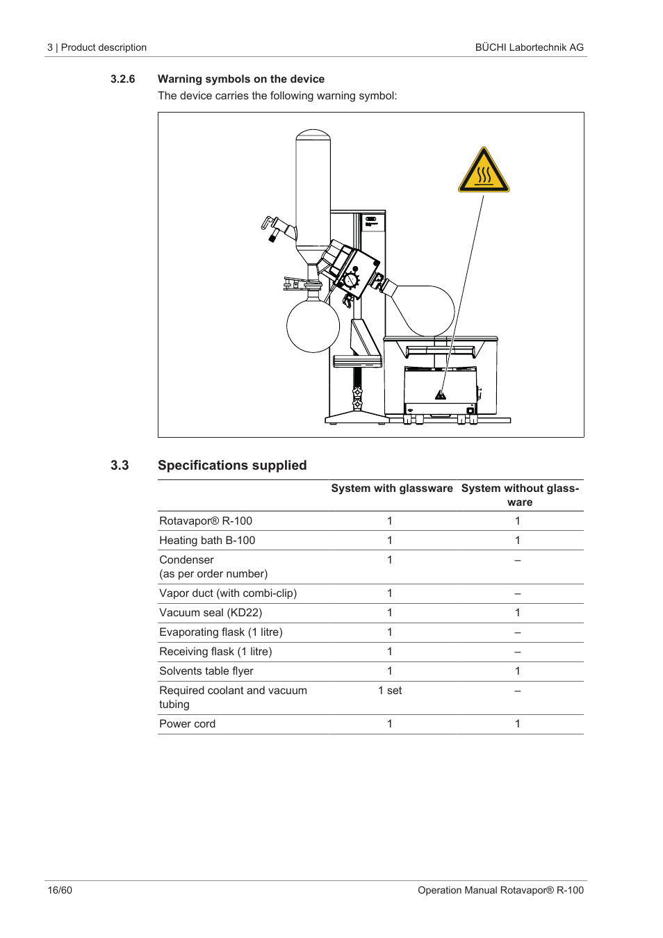 6 warning symbols on the device, 3 specifications supplied | BUCHI Rotavapo R-100 User Manual | Page 16 / 60