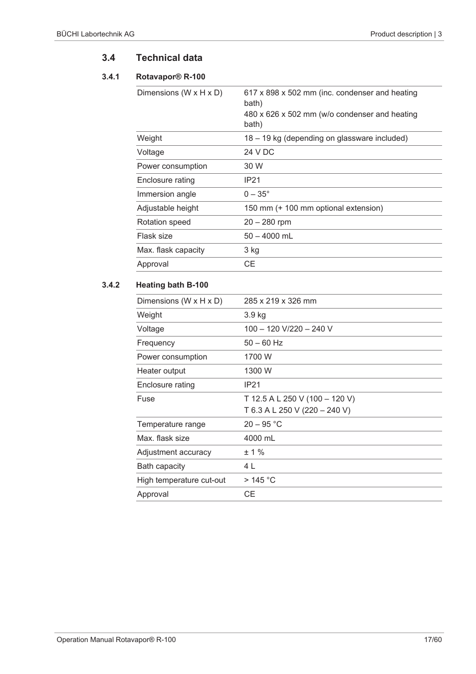 4 technical data, 1 rotavapor® r-100, 2 heating bath b-100 | BUCHI Rotavapo R-100 User Manual | Page 17 / 60