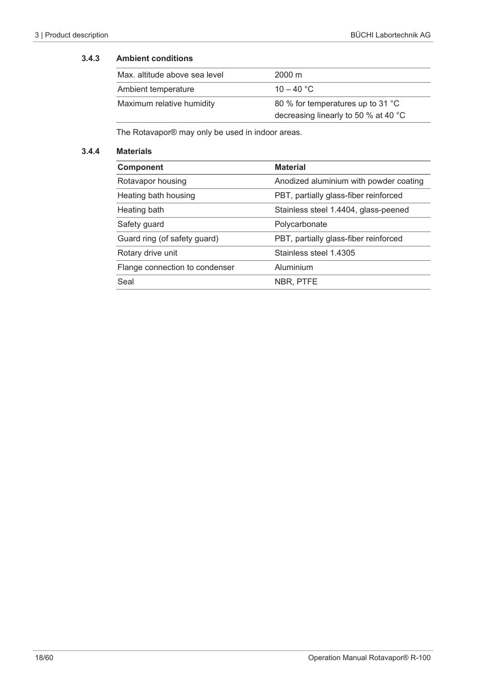 3 ambient conditions, 4 materials | BUCHI Rotavapo R-100 User Manual | Page 18 / 60