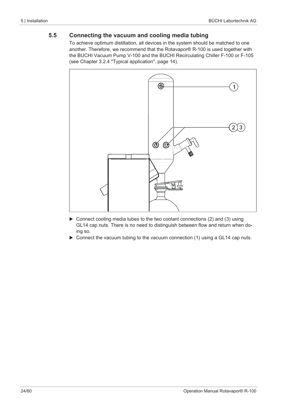 5 connecting the vacuum and cooling media tubing | BUCHI Rotavapo R-100 User Manual | Page 24 / 60