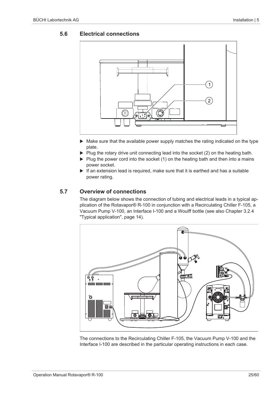 6 electrical connections, 7 overview of connections | BUCHI Rotavapo R-100 User Manual | Page 25 / 60