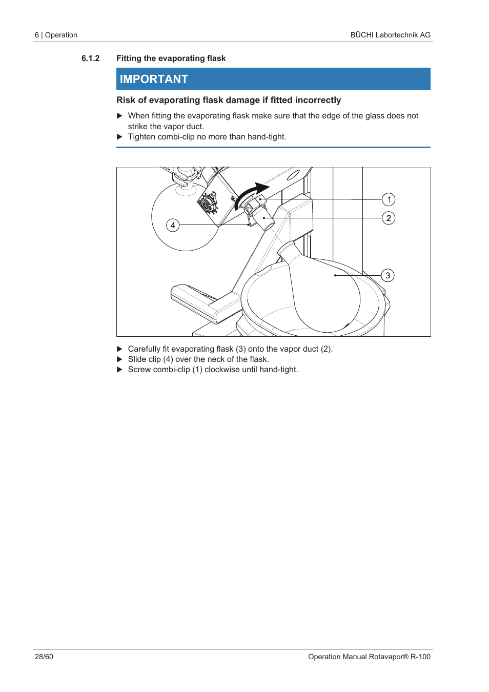 2 fitting the evaporating flask, Important | BUCHI Rotavapo R-100 User Manual | Page 28 / 60