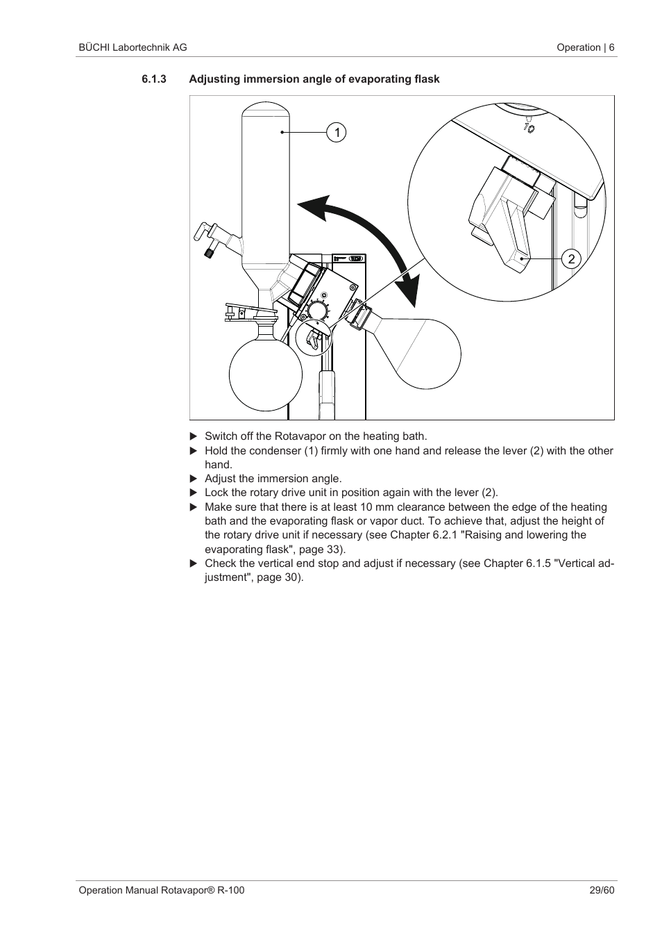 3 adjusting immersion angle of evaporating flask | BUCHI Rotavapo R-100 User Manual | Page 29 / 60