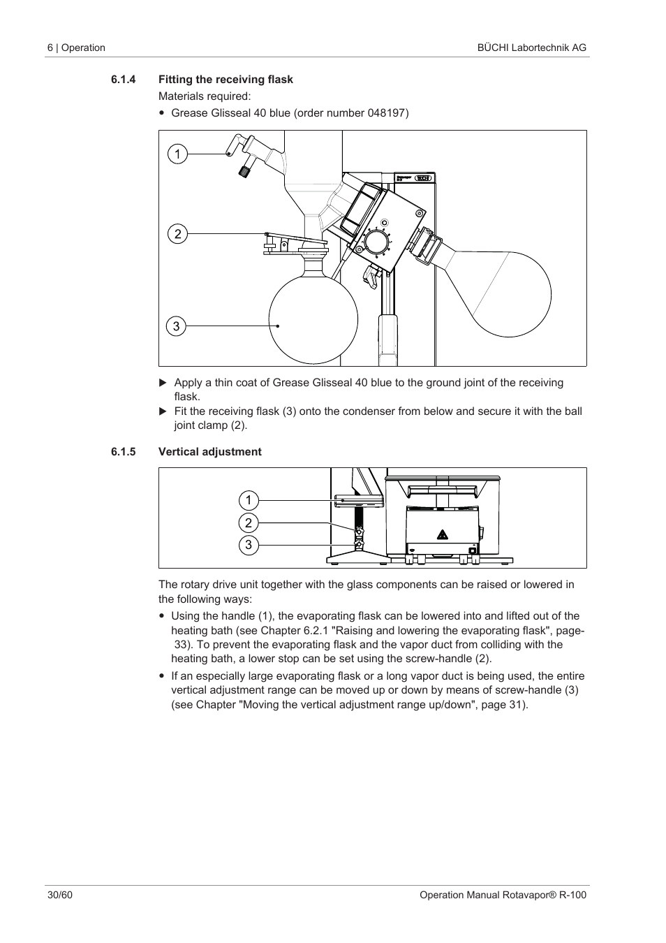 4 fitting the receiving flask, 5 vertical adjustment | BUCHI Rotavapo R-100 User Manual | Page 30 / 60