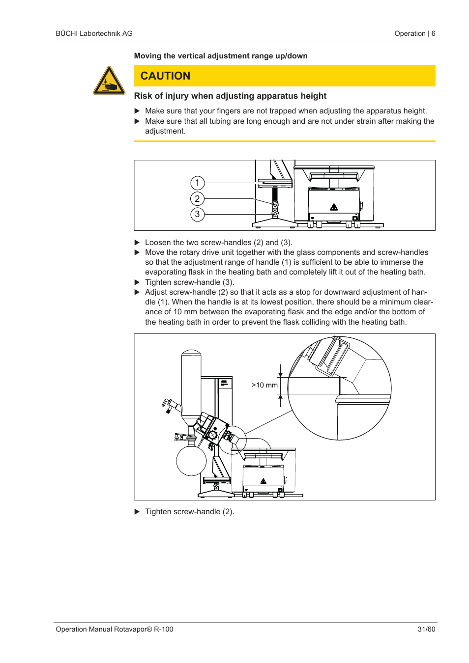 1 moving the vertical adjustment range up/down, Caution | BUCHI Rotavapo R-100 User Manual | Page 31 / 60