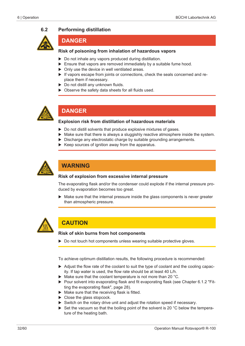 2 performing distillation, Danger, Warning | Caution | BUCHI Rotavapo R-100 User Manual | Page 32 / 60