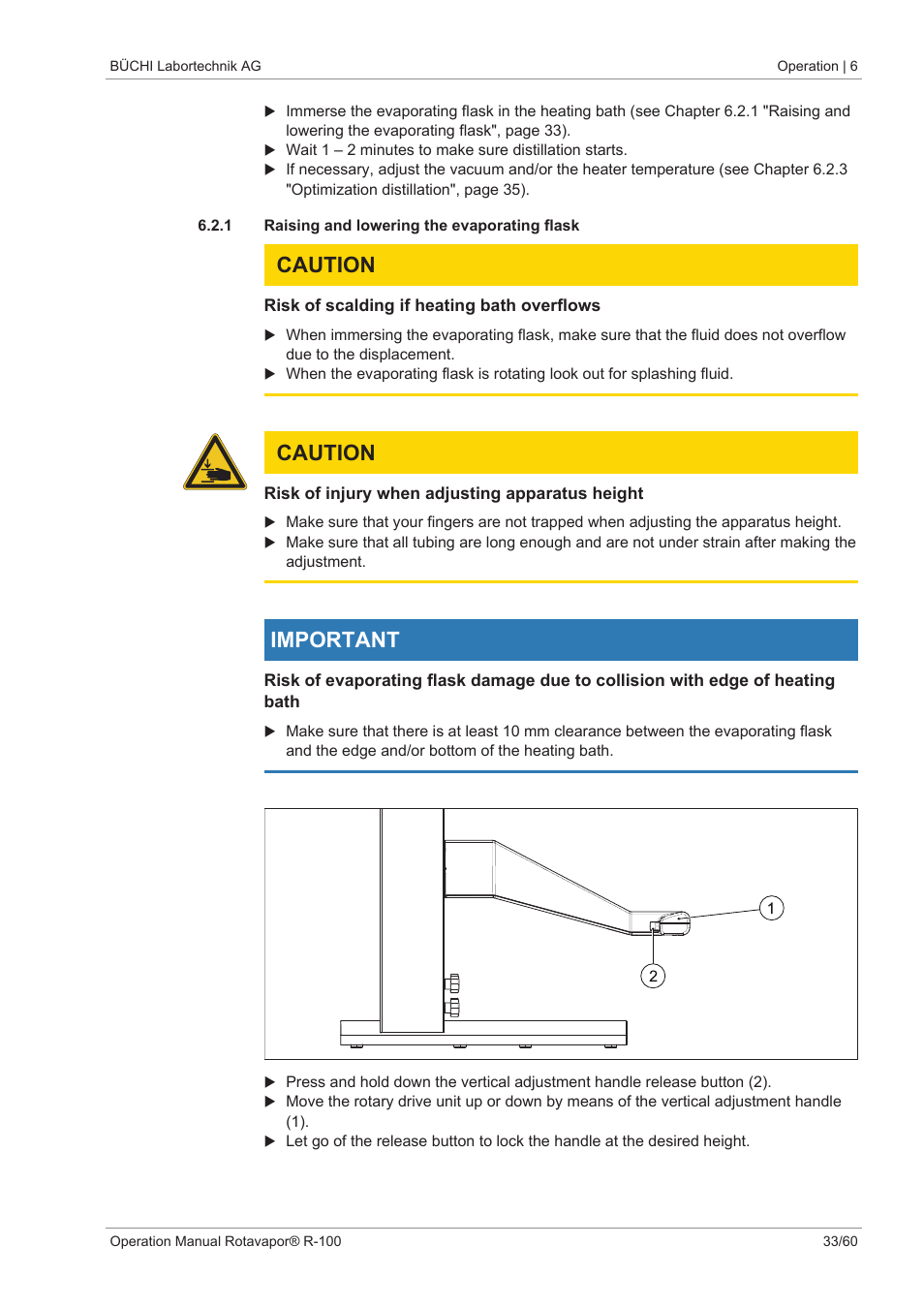 1 raising and lowering the evaporating flask, Caution, Important | BUCHI Rotavapo R-100 User Manual | Page 33 / 60