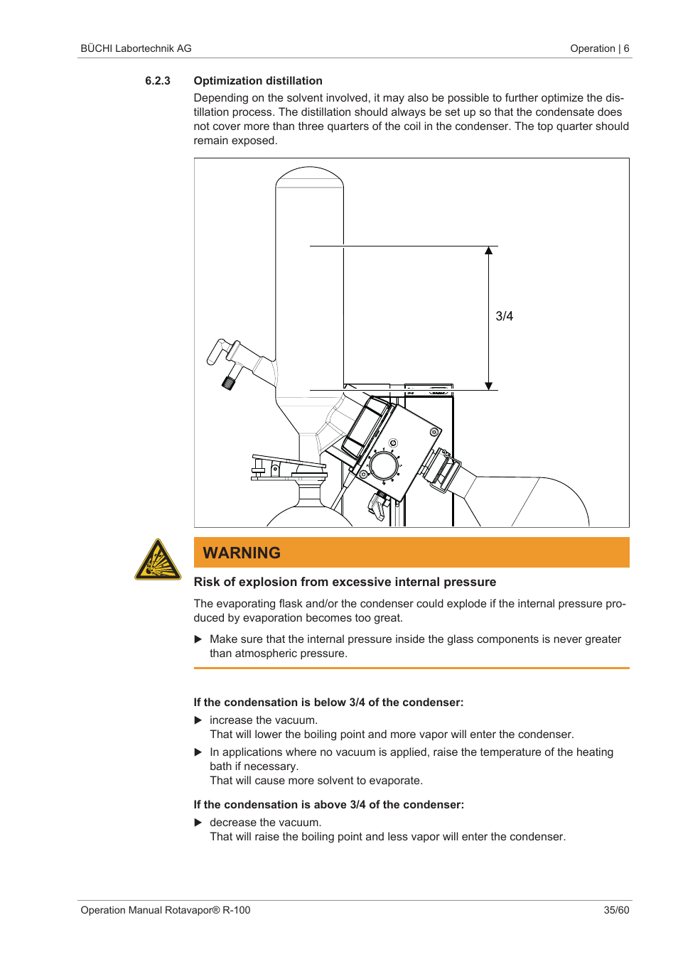 3 optimization distillation, Warning | BUCHI Rotavapo R-100 User Manual | Page 35 / 60