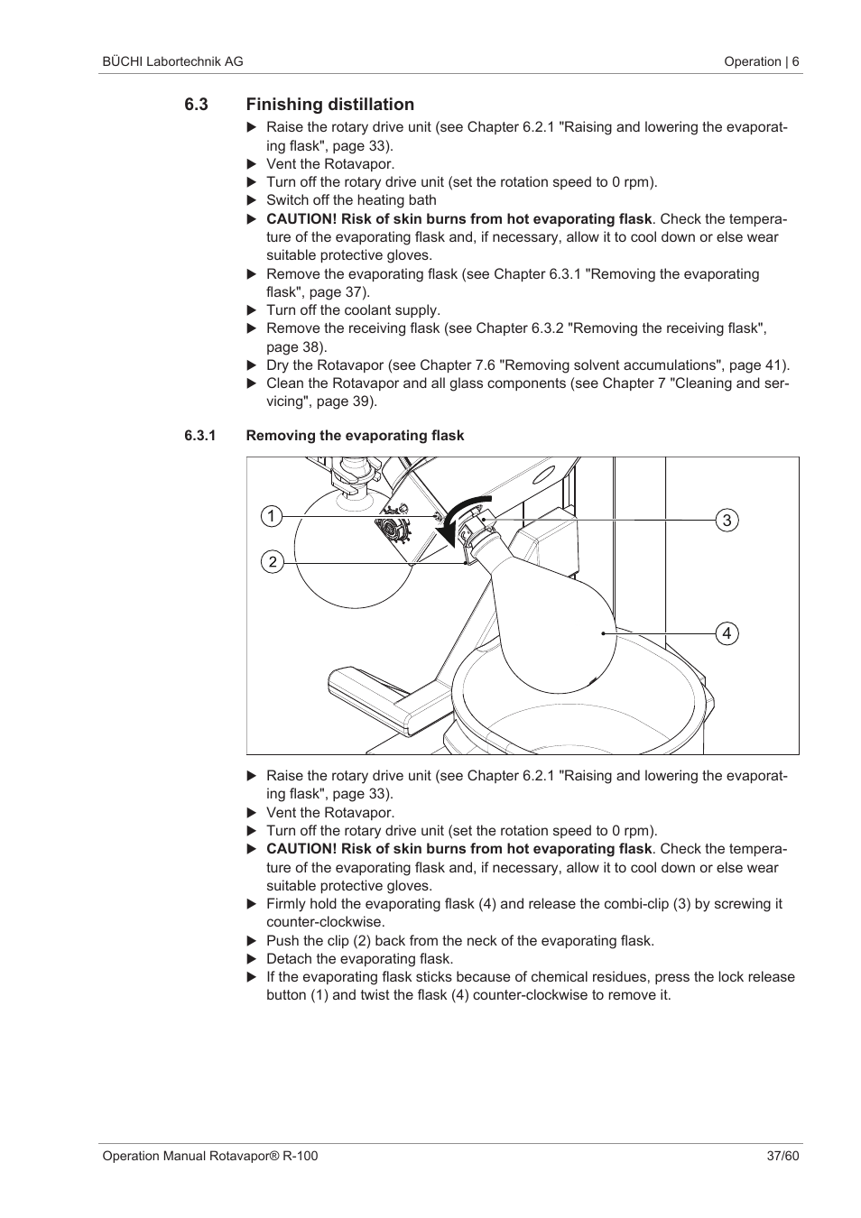 3 finishing distillation, 1 removing the evaporating flask | BUCHI Rotavapo R-100 User Manual | Page 37 / 60