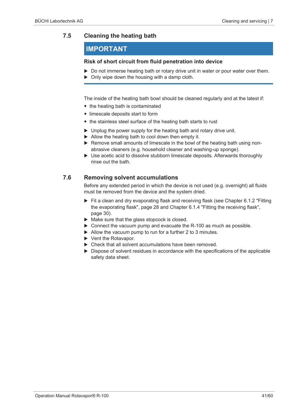 5 cleaning the heating bath, 6 removing solvent accumulations, Important | BUCHI Rotavapo R-100 User Manual | Page 41 / 60