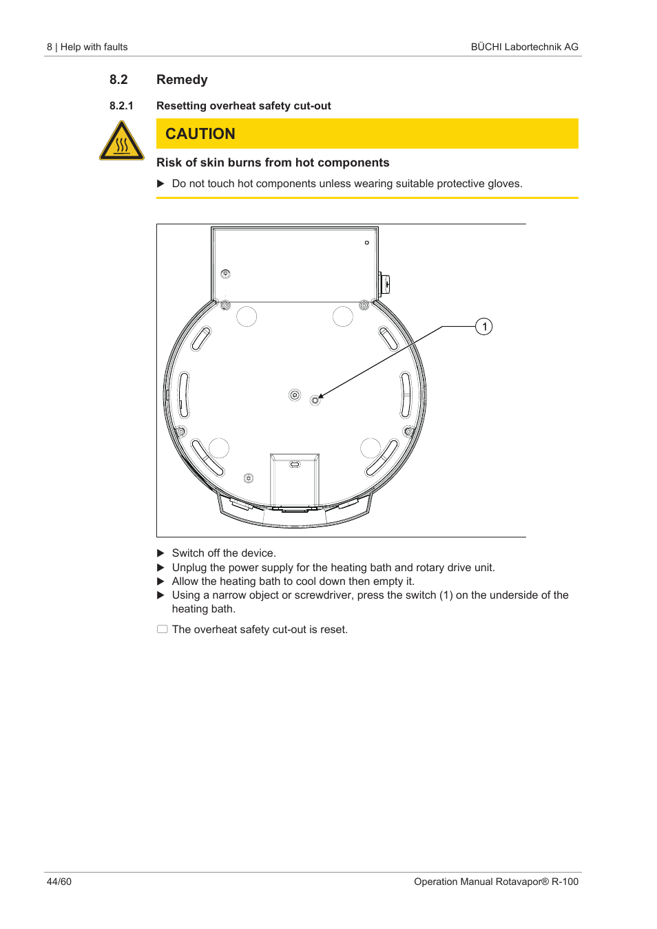 2 remedy, 1 resetting overheat safety cut-out, Caution | BUCHI Rotavapo R-100 User Manual | Page 44 / 60