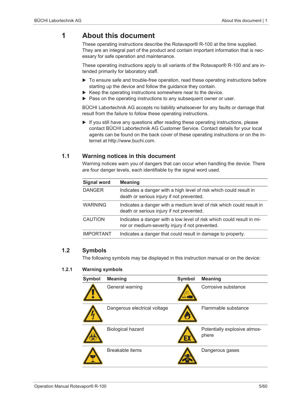 1 about this document, 1 warning notices in this document, 2 symbols | 1 warning symbols, 1about this document | BUCHI Rotavapo R-100 User Manual | Page 5 / 60