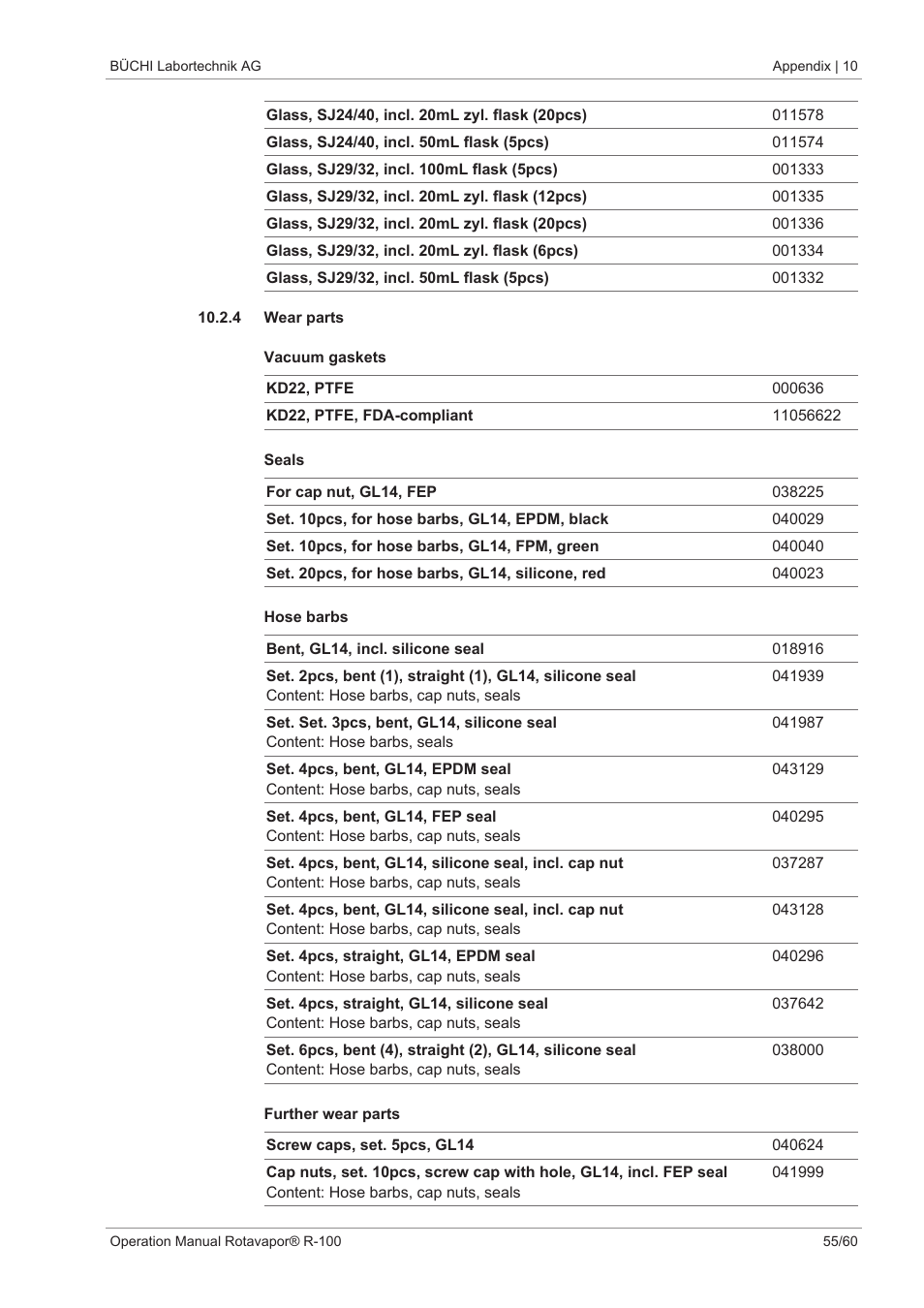 4 wear parts, 1 vacuum gaskets, 2 seals | 3 hose barbs, 4 further wear parts | BUCHI Rotavapo R-100 User Manual | Page 55 / 60