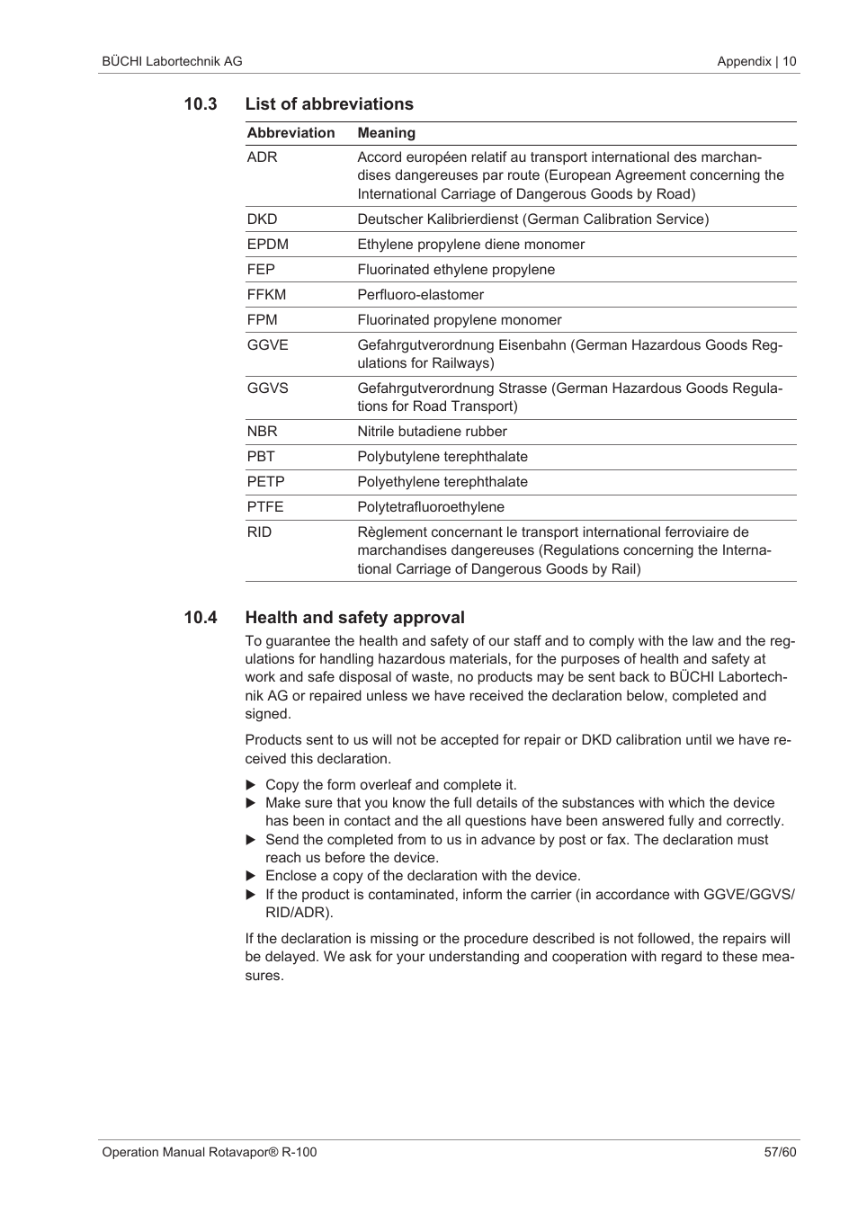 3 list of abbreviations, 4 health and safety approval | BUCHI Rotavapo R-100 User Manual | Page 57 / 60