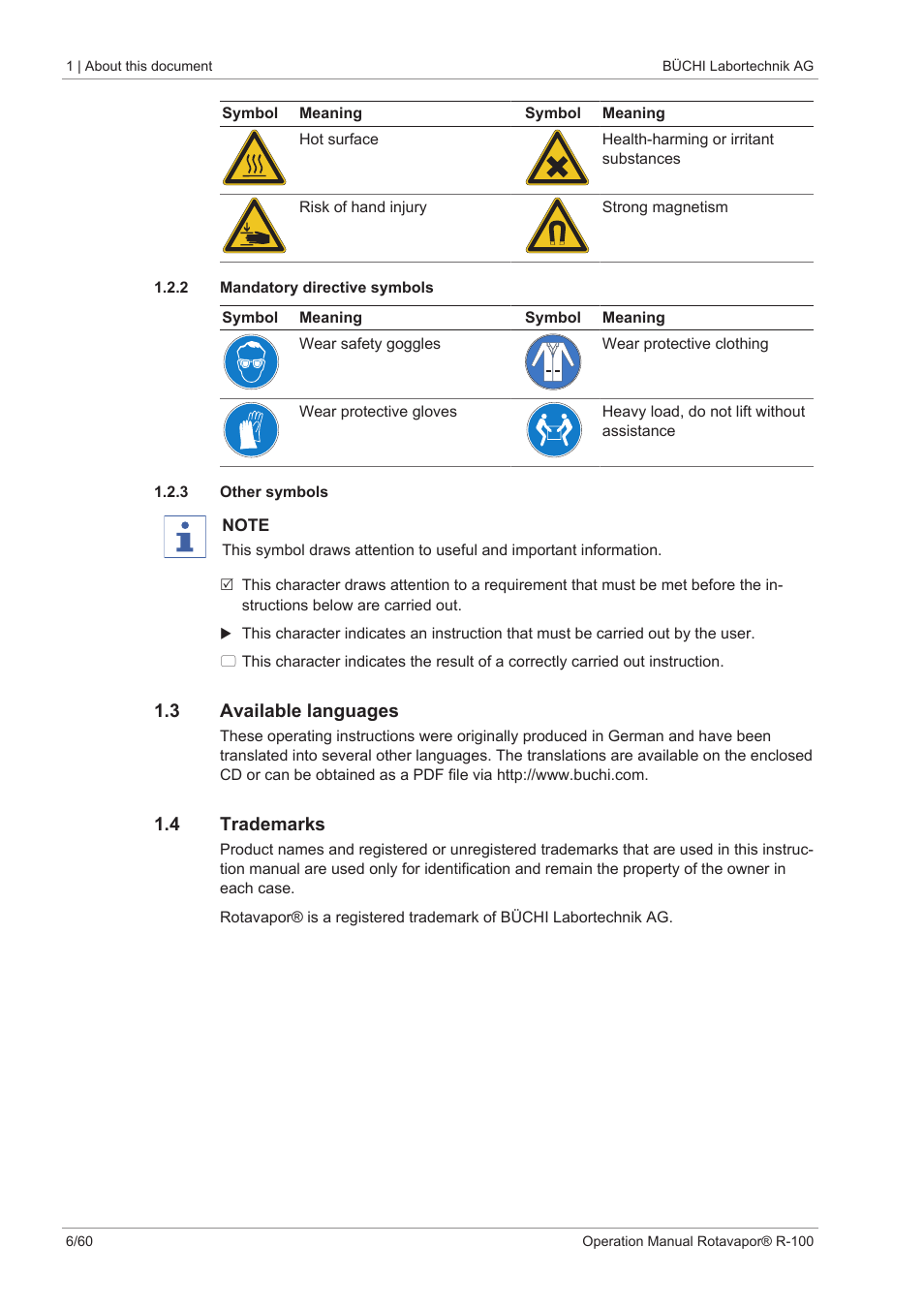 2 mandatory directive symbols, 3 other symbols, 3 available languages | 4 trademarks | BUCHI Rotavapo R-100 User Manual | Page 6 / 60