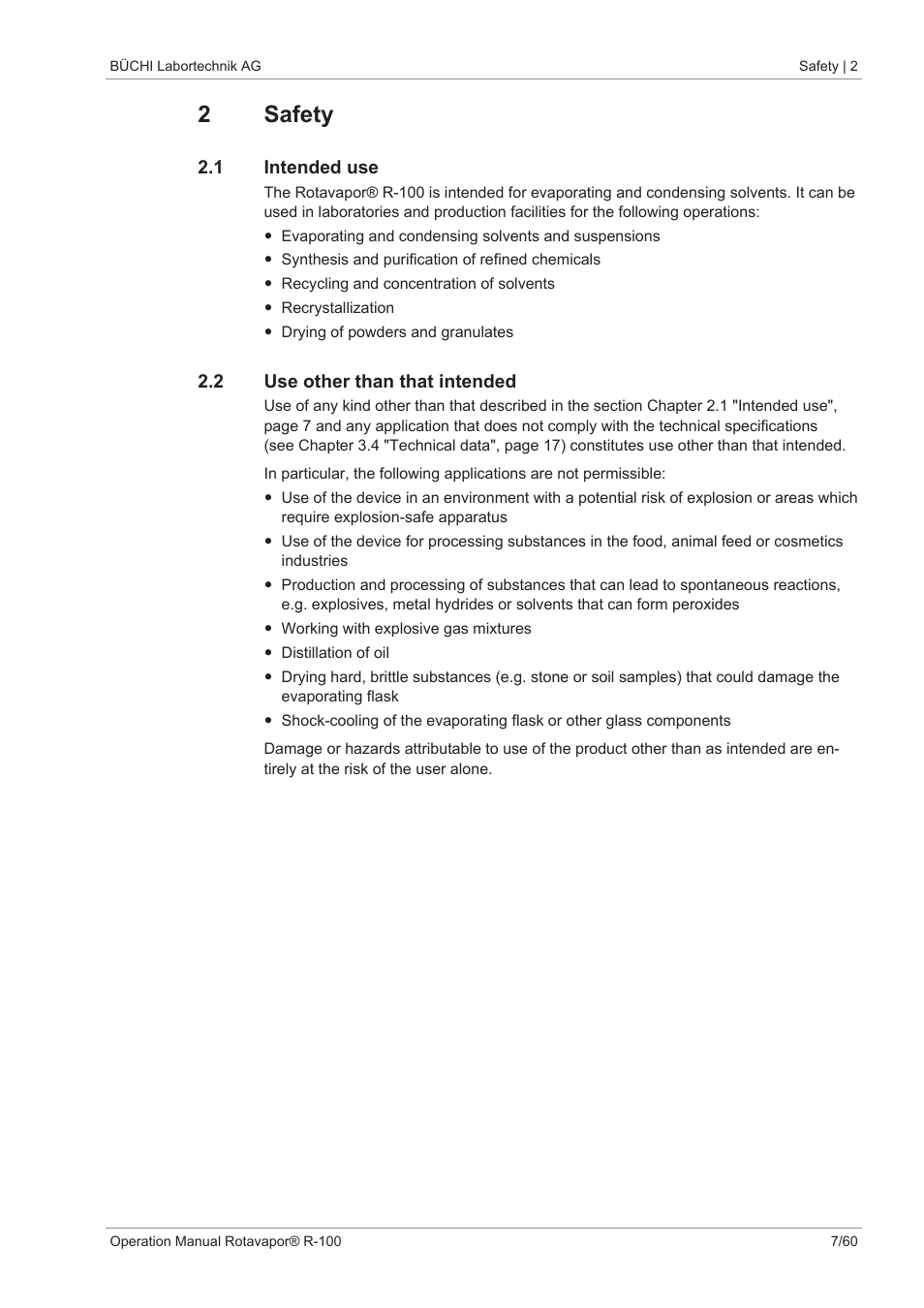 2 safety, 1 intended use, 2 use other than that intended | 2safety | BUCHI Rotavapo R-100 User Manual | Page 7 / 60