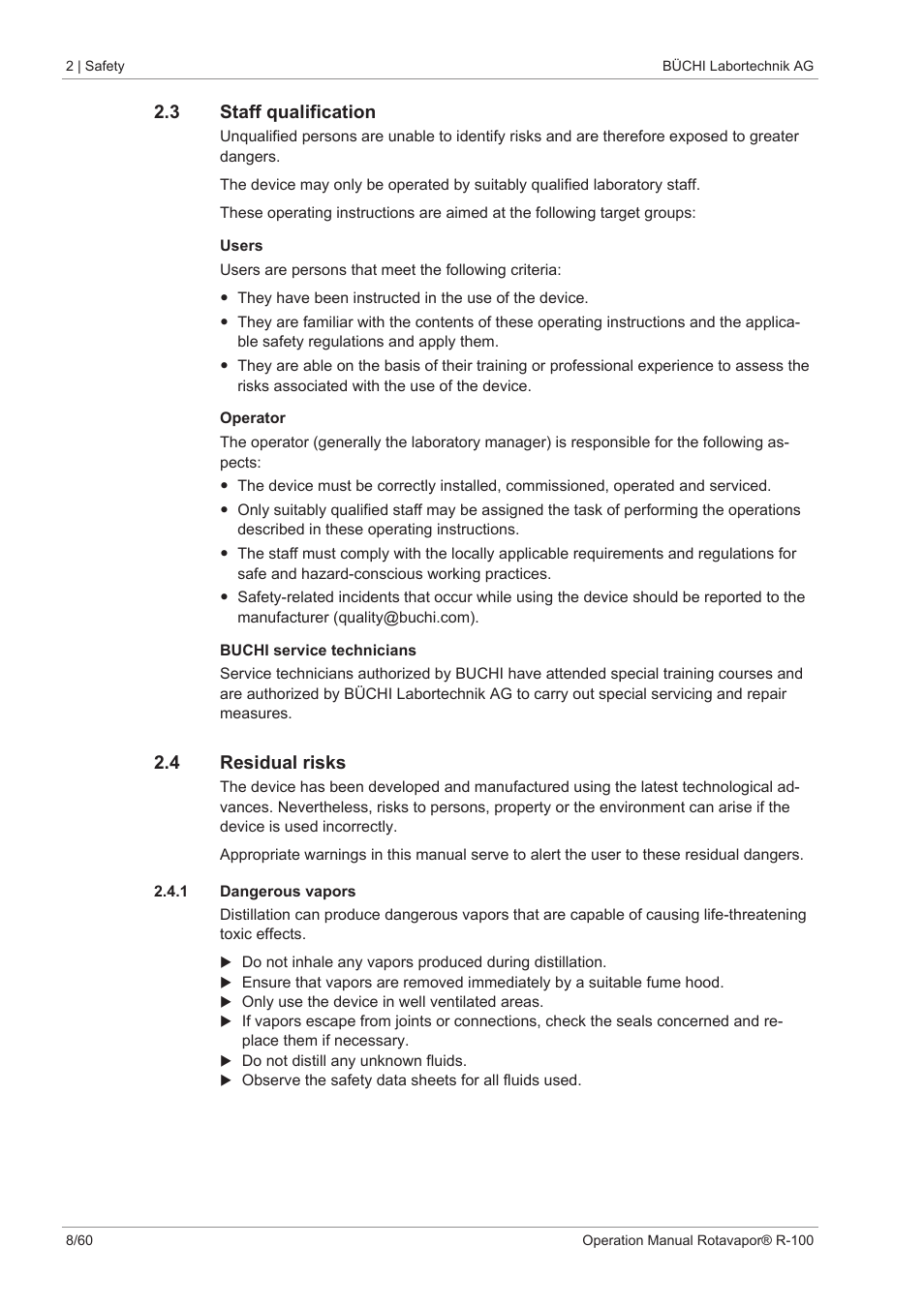 3 staff qualification, 4 residual risks, 1 dangerous vapors | BUCHI Rotavapo R-100 User Manual | Page 8 / 60