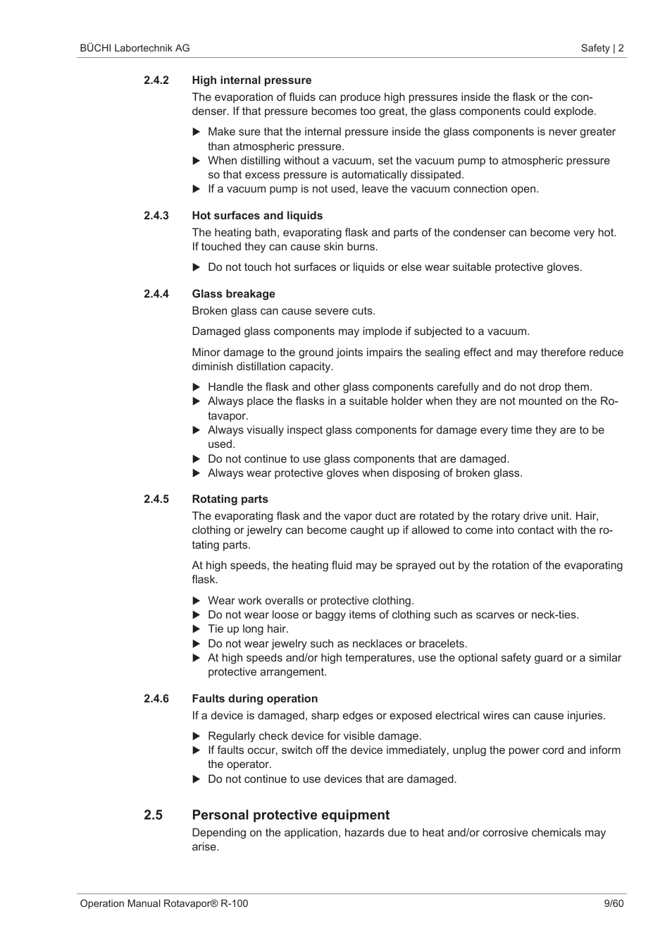 2 high internal pressure, 3 hot surfaces and liquids, 4 glass breakage | 5 rotating parts, 6 faults during operation, 5 personal protective equipment | BUCHI Rotavapo R-100 User Manual | Page 9 / 60