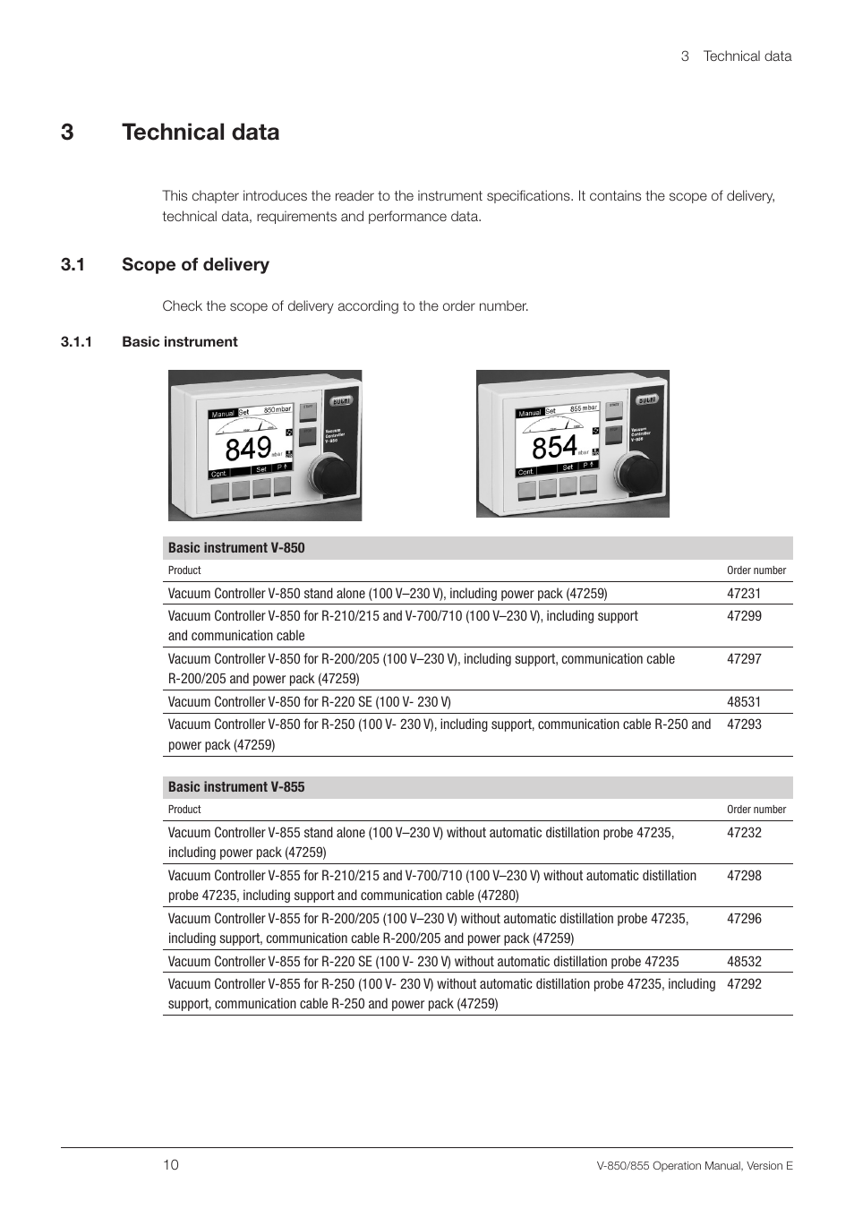 3 technical data, 1 scope of delivery, 1 basic instrument | Technical data 3.1, Scope of delivery, 3technical data, 3 .1 scope of delivery | BUCHI Vacuum Controller V-855 User Manual | Page 10 / 54