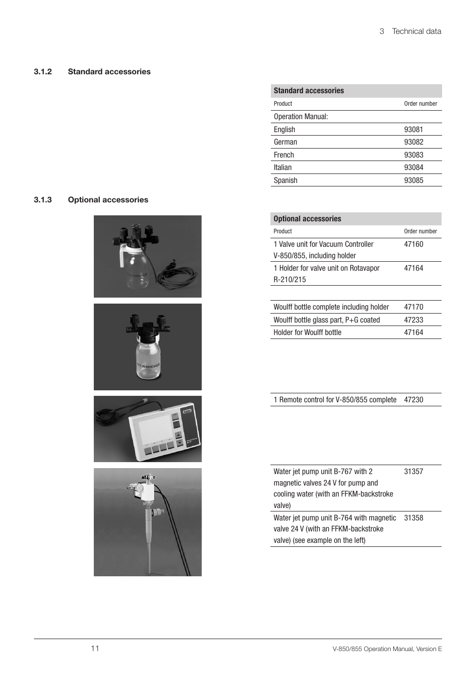 2 standard accessories, 3 optional accessories, 2 standard accessories 3.1.3 optional accessories | BUCHI Vacuum Controller V-855 User Manual | Page 11 / 54