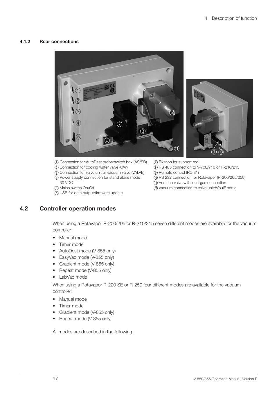 2 rear connections, 2 controller operation modes, 2 rear connections 4.2 | Controller operation modes, 4 .2 controller operation modes | BUCHI Vacuum Controller V-855 User Manual | Page 17 / 54