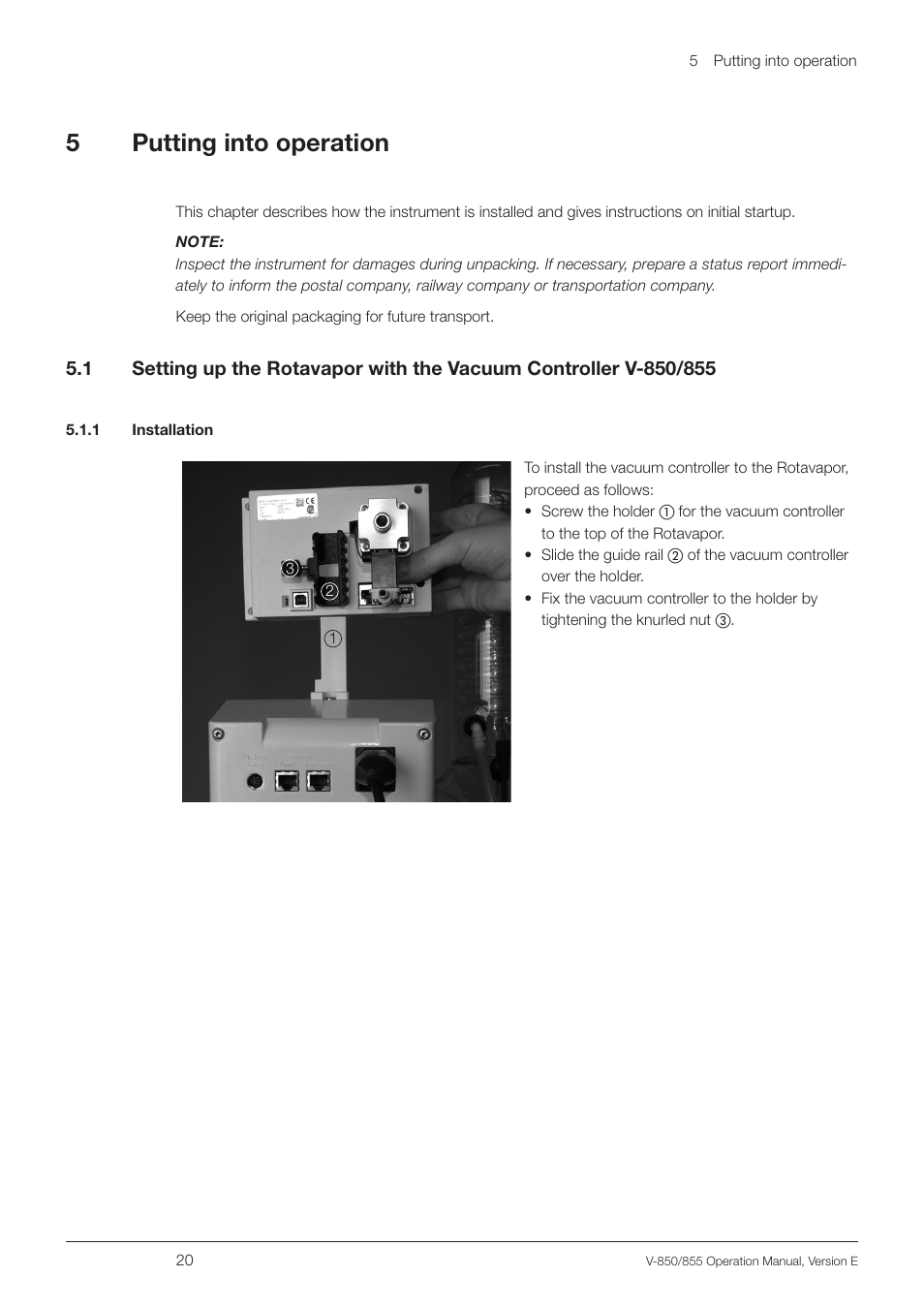 5 putting into operation, 1 installation, Putting into operation 5.1 | 5putting into operation | BUCHI Vacuum Controller V-855 User Manual | Page 20 / 54