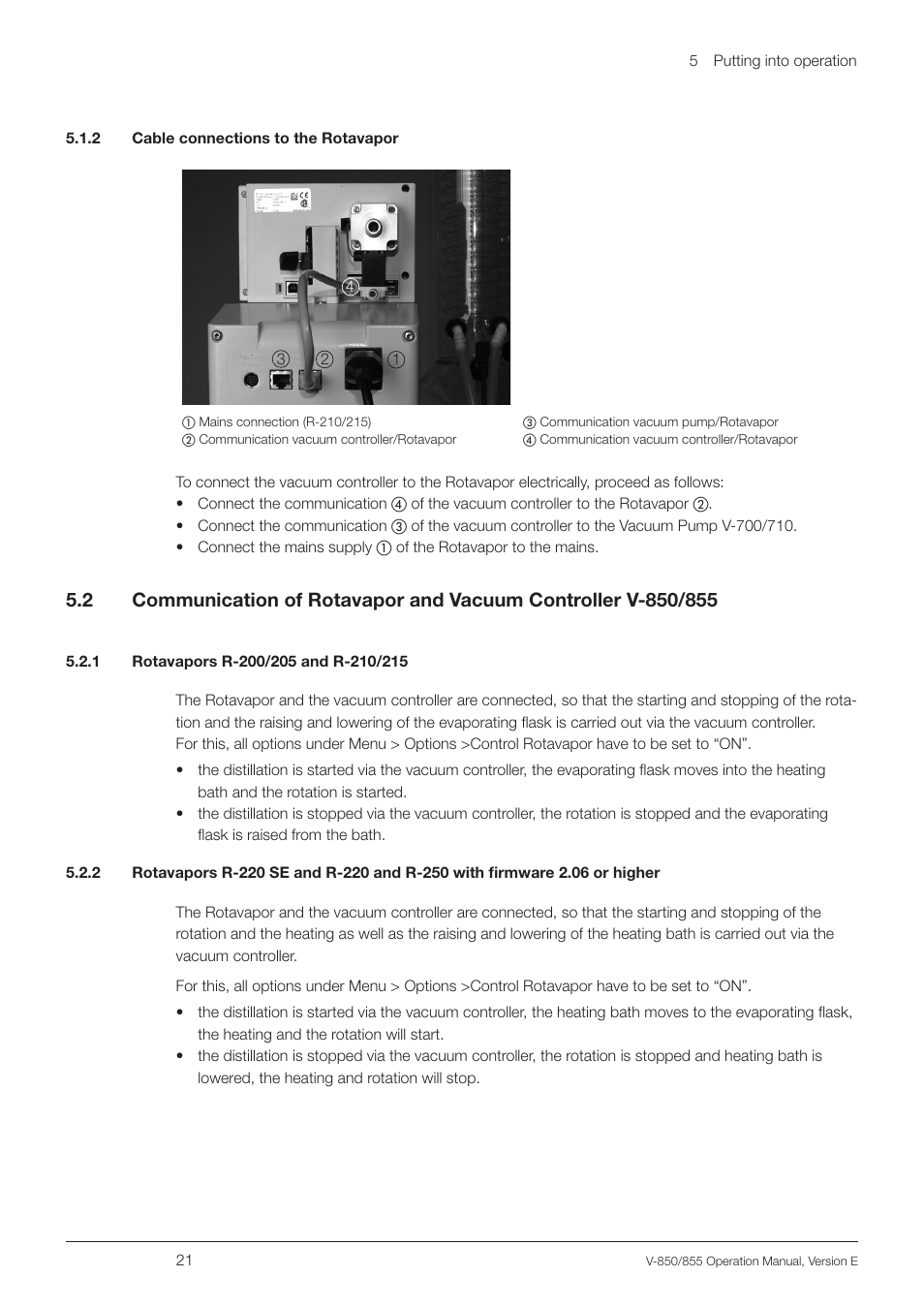 2 cable connections to the rotavapor, 1 rotavapors r-200/205 and r-210/215, 2 cable connections to the rotavapor 5.2 | BUCHI Vacuum Controller V-855 User Manual | Page 21 / 54
