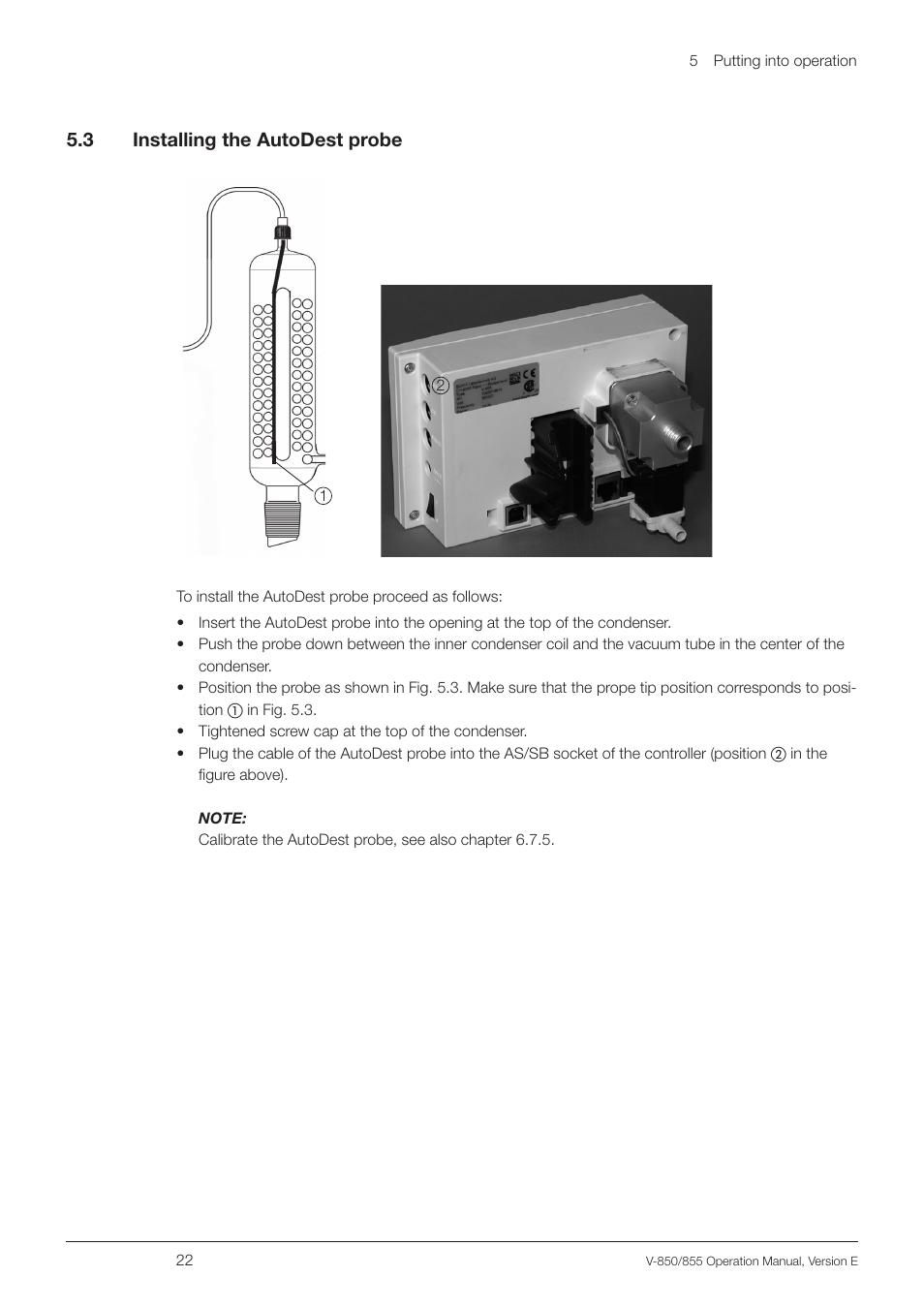 3 installing the autodest probe, Installing the autodest probe, 5 .3 installing the autodest probe | BUCHI Vacuum Controller V-855 User Manual | Page 22 / 54