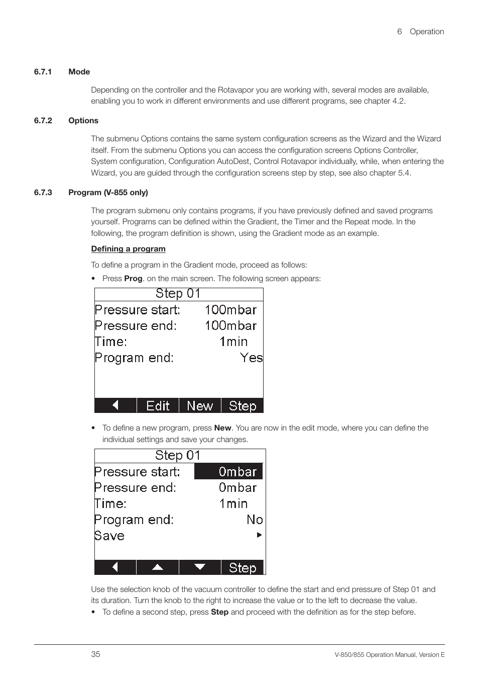 1 mode, 2 options, 3 program (v-855 only) | 1 mode 6.7.2 options 6.7.3 program (v-855 only) | BUCHI Vacuum Controller V-855 User Manual | Page 35 / 54