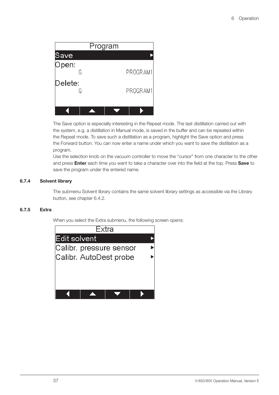 4 solvent library, 5 extra, 4 solvent library 6.7.5 extra | BUCHI Vacuum Controller V-855 User Manual | Page 37 / 54