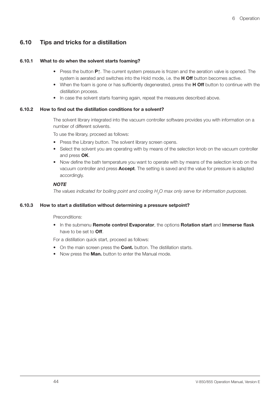 10 tips and tricks for a distillation, 1 what to do when the solvent starts foaming, 6 .10 tips and tricks for a distillation | BUCHI Vacuum Controller V-855 User Manual | Page 44 / 54