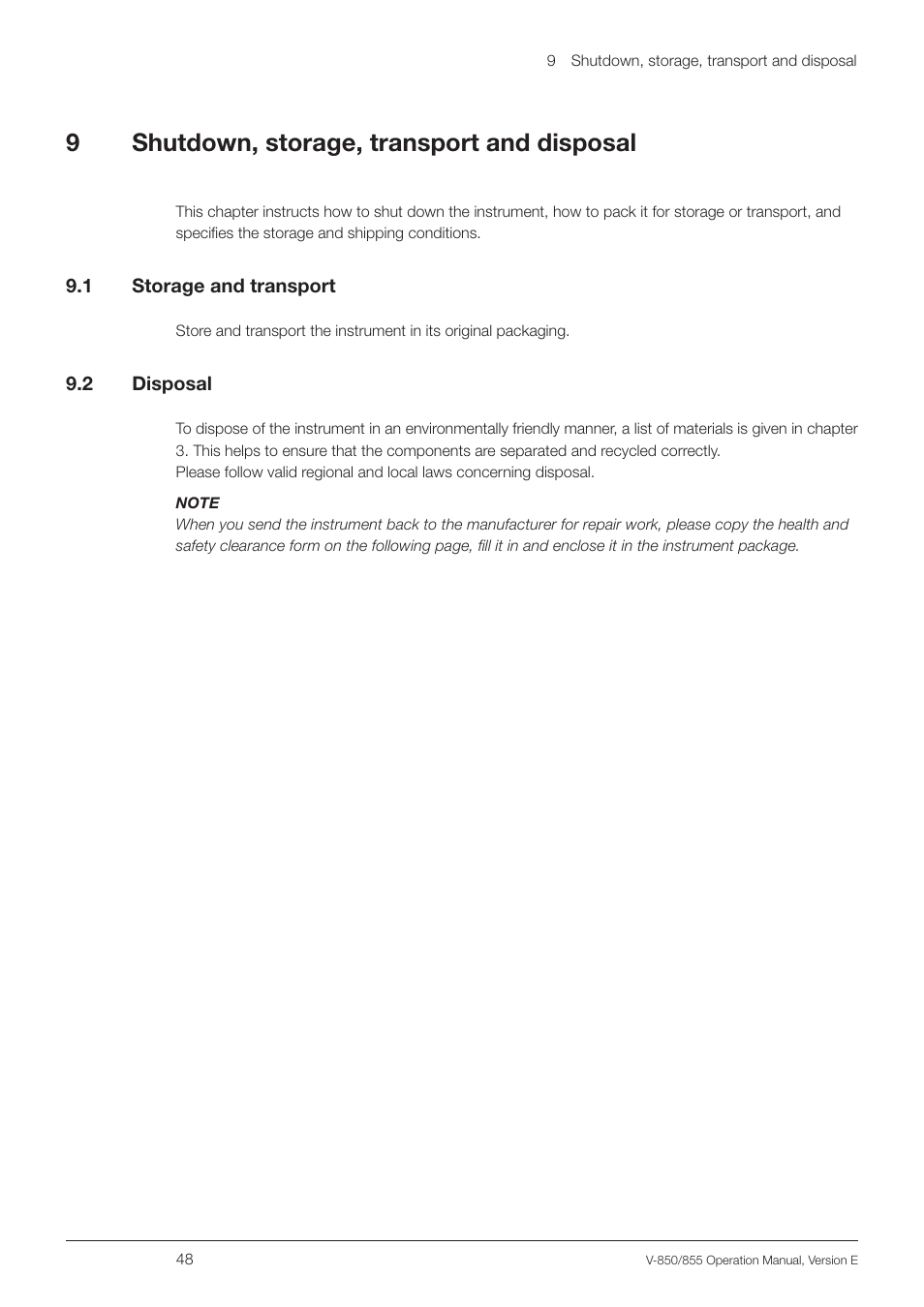 9 shutdown, storage, transport and disposal, 1 storage and transport, 2 disposal | Shutdown, storage, transport and disposal 9.1, Storage and transport, 9shutdown, storage, transport and disposal | BUCHI Vacuum Controller V-855 User Manual | Page 48 / 54