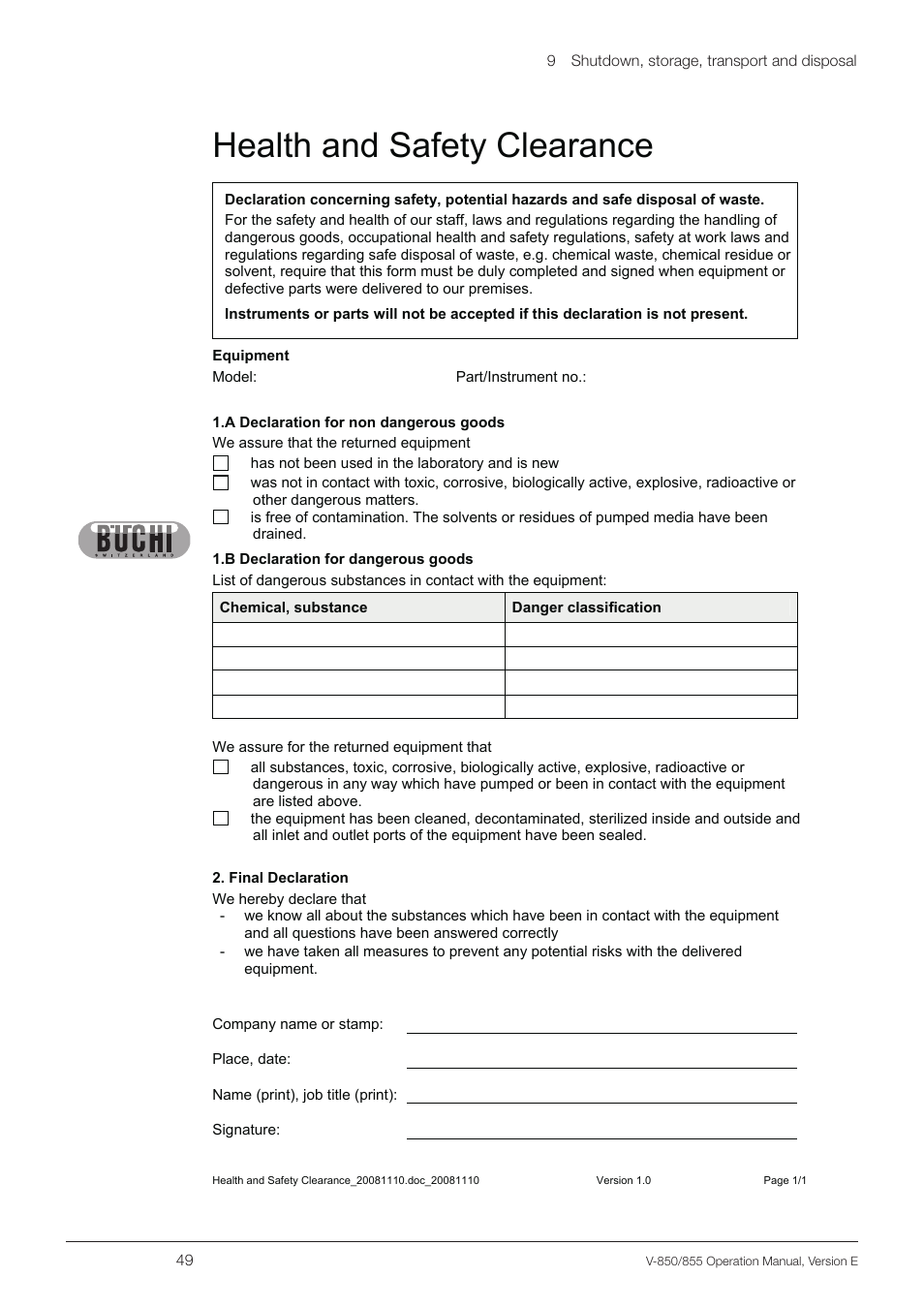 Health and safety clearance | BUCHI Vacuum Controller V-855 User Manual | Page 49 / 54