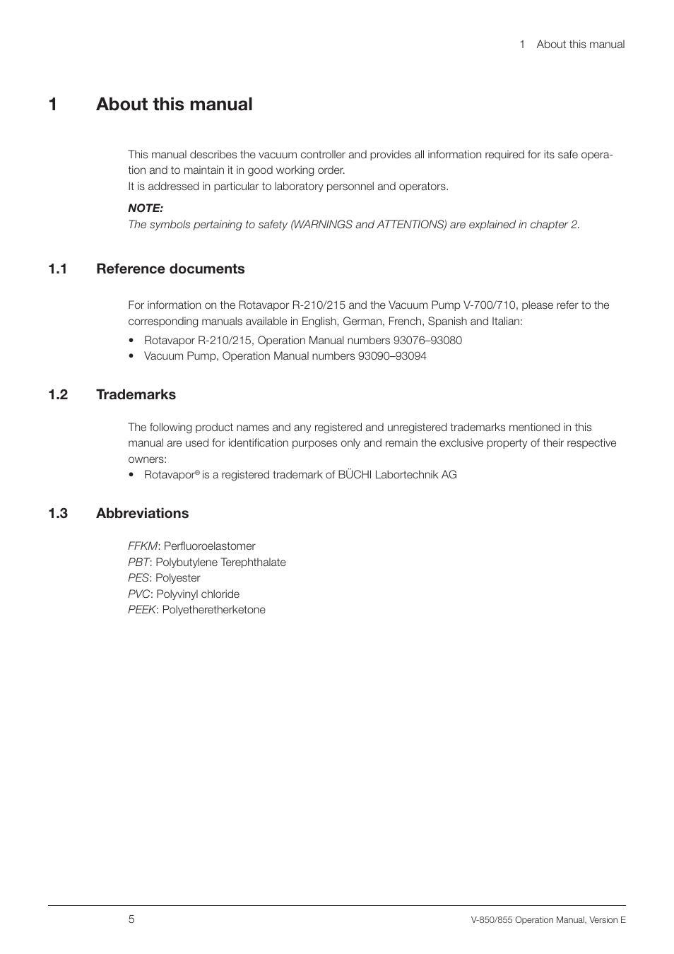 1 about this manual, 1 reference documents, 2 trademarks | 3 abbreviations, About this manual 1.1, Reference documents, 2 trademarks 1.3 abbreviations, 1about this manual | BUCHI Vacuum Controller V-855 User Manual | Page 5 / 54