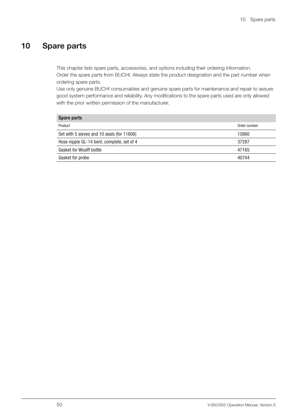 10 spare parts | BUCHI Vacuum Controller V-855 User Manual | Page 50 / 54