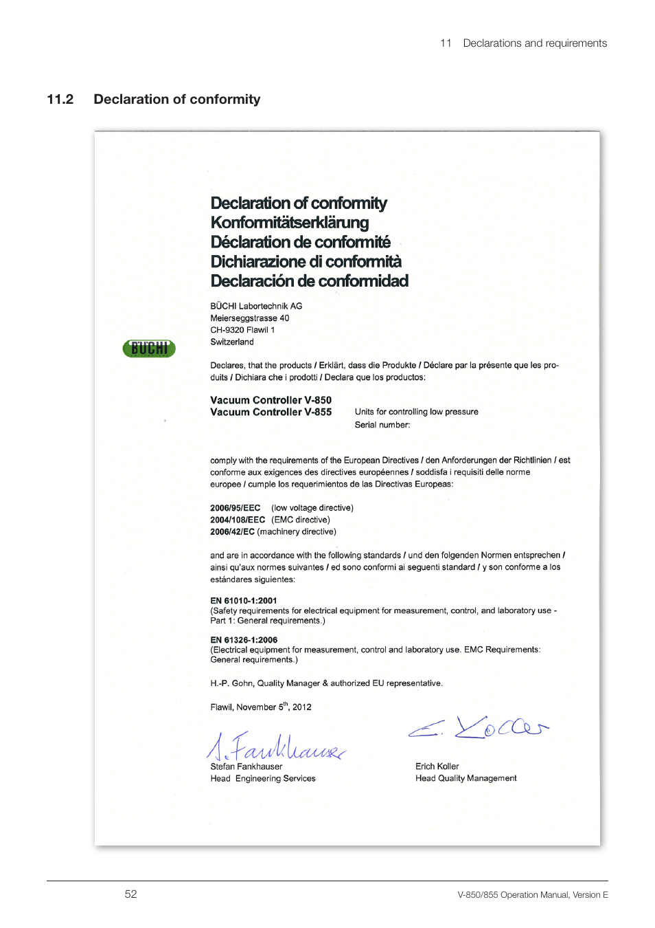 2 declaration of conformity, 11 .2 declaration of conformity | BUCHI Vacuum Controller V-855 User Manual | Page 52 / 54