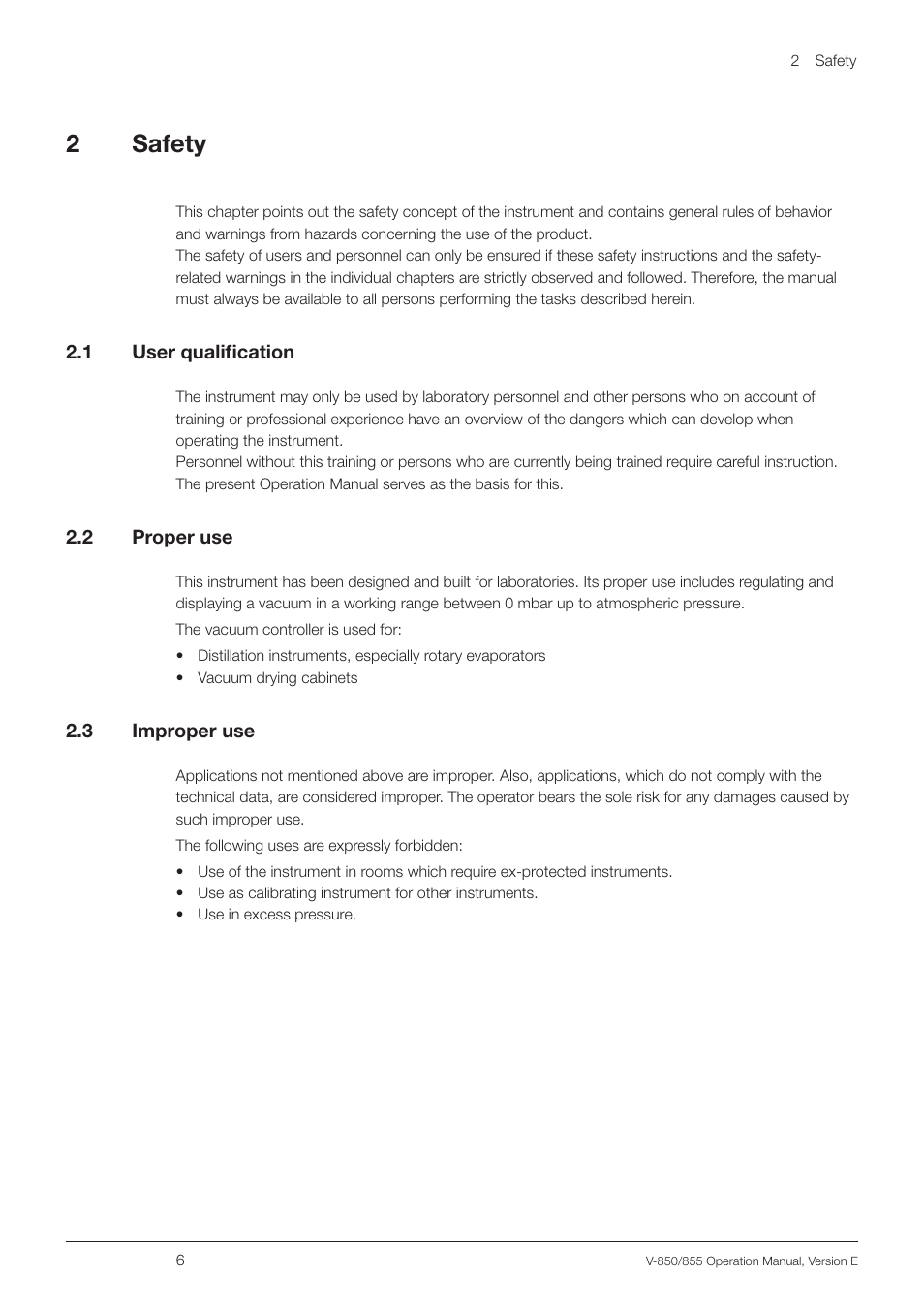 2 safety, 1 user qualification, 2 proper use | 3 improper use, User qualification, Proper use, Improper use, 2safety | BUCHI Vacuum Controller V-855 User Manual | Page 6 / 54