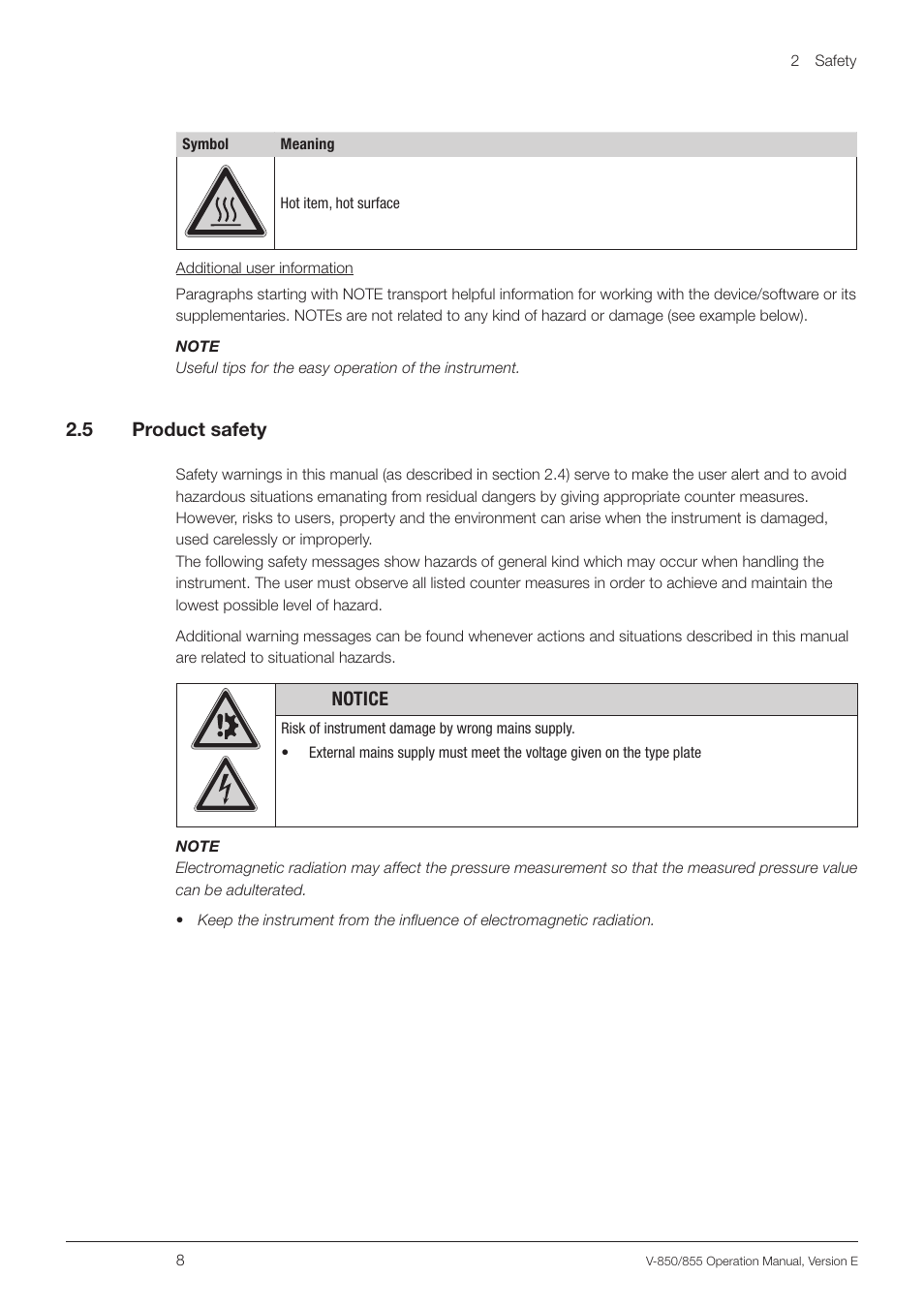 5 product safety, Product safety, 2 .5 product safety | Notice | BUCHI Vacuum Controller V-855 User Manual | Page 8 / 54