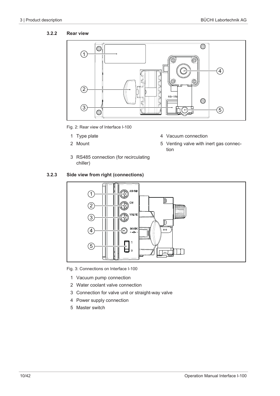 2 rear view, 3 side view from right (connections) | BUCHI Interface I-100 User Manual | Page 10 / 42
