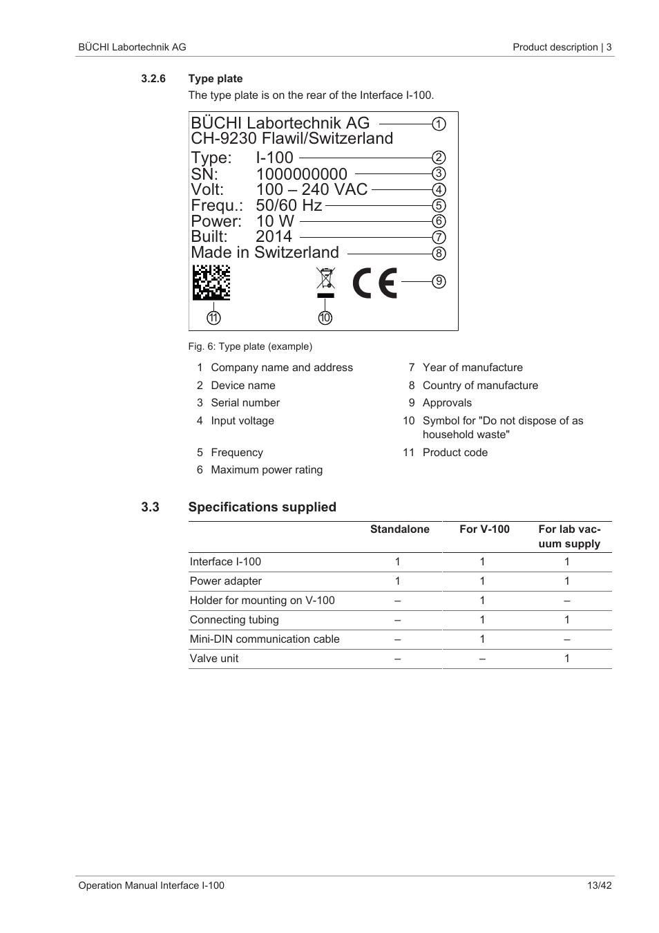 6 type plate, 3 specifications supplied | BUCHI Interface I-100 User Manual | Page 13 / 42