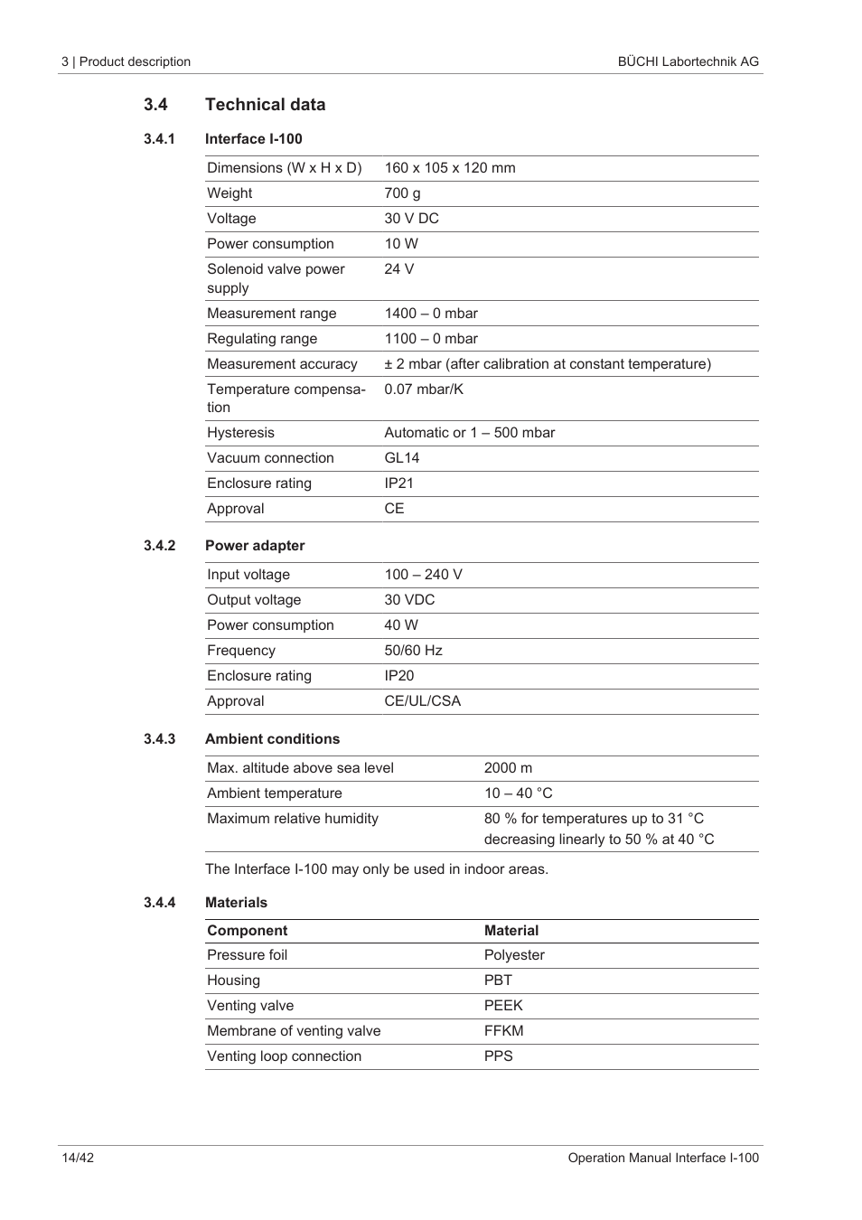 4 technical data, 1 interface i-100, 2 power adapter | 3 ambient conditions, 4 materials | BUCHI Interface I-100 User Manual | Page 14 / 42