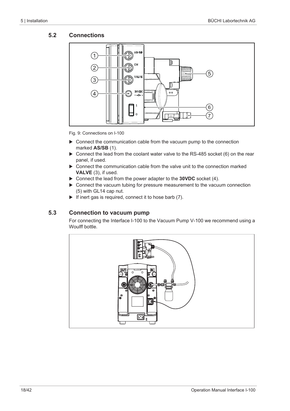 2 connections, 3 connection to vacuum pump | BUCHI Interface I-100 User Manual | Page 18 / 42